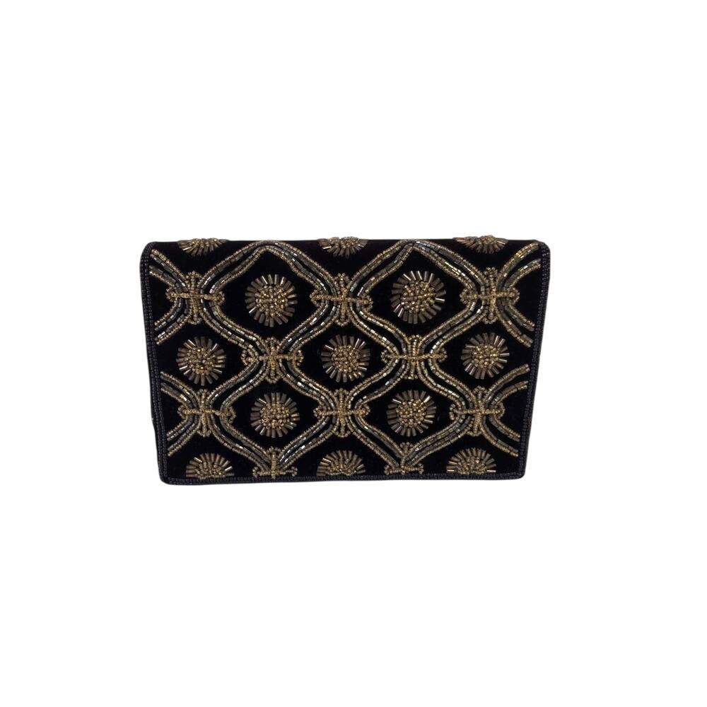 Vanessa Black Velvet Beaded Clutch Evening Bag Gold Beads
